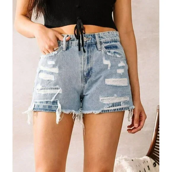 Flying monkey Womens Destruct Denim High Rise Frayed Hem Shorts Size 25, 27 - Picture 5 of 12